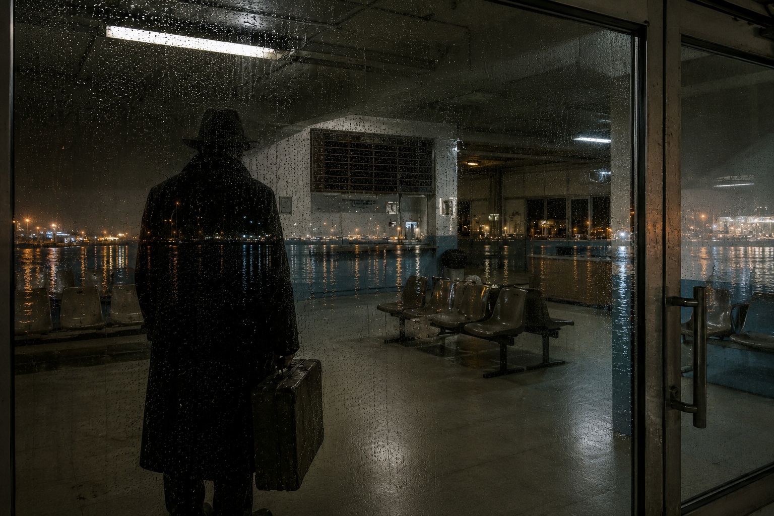 The Closed Ferry Terminal Camera Showed A Passenger Shadow Waiting Behind The Glass