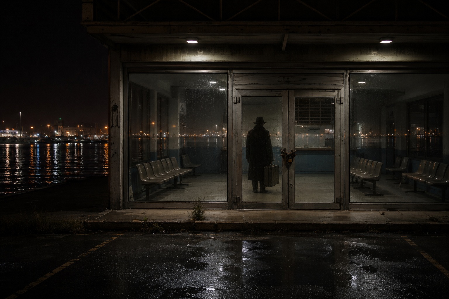 The Closed Ferry Terminal Camera Showed A Passenger Shadow Waiting Behind The Glass