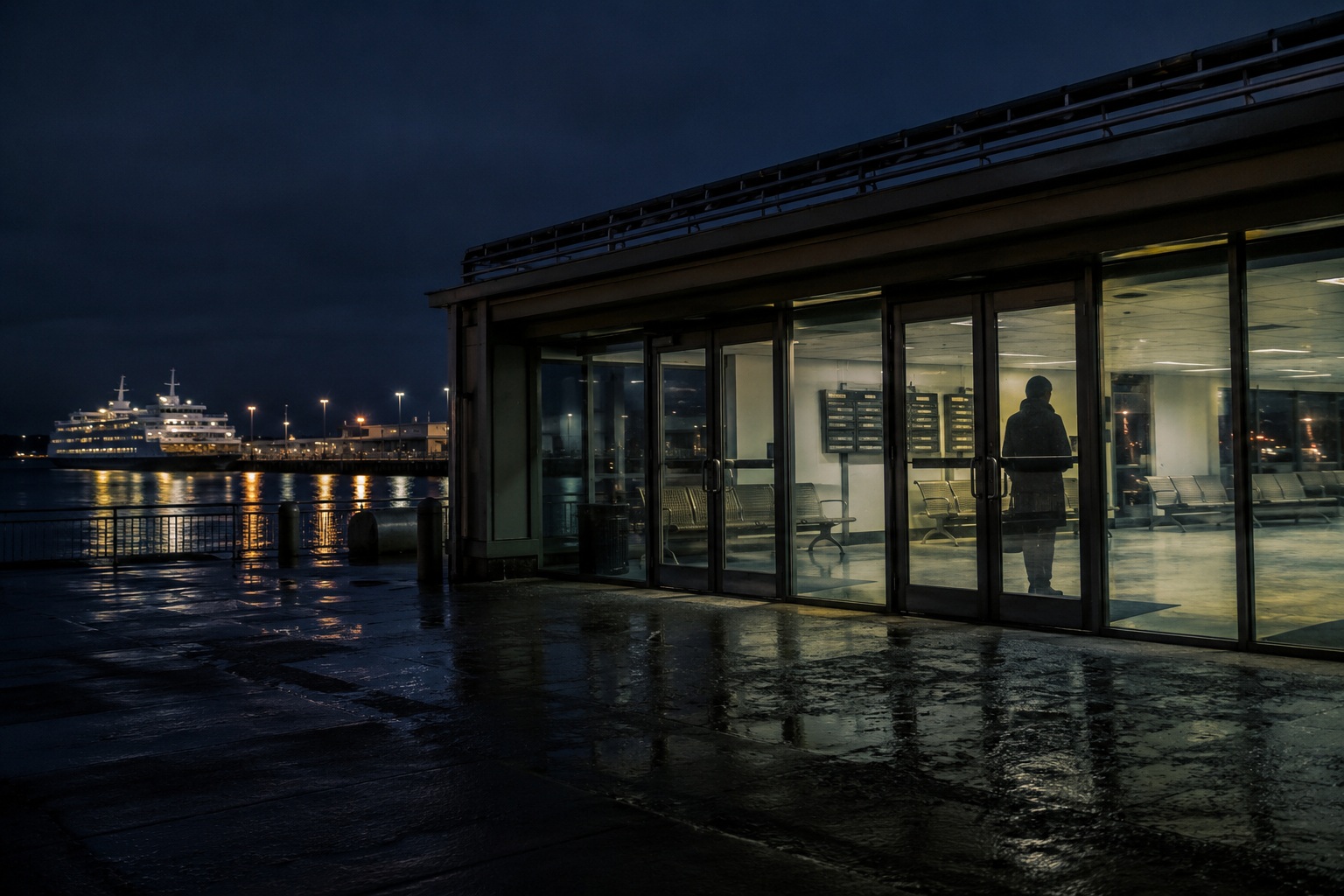 The Closed Ferry Terminal Camera Showed A Passenger Shadow Waiting Behind The Glass