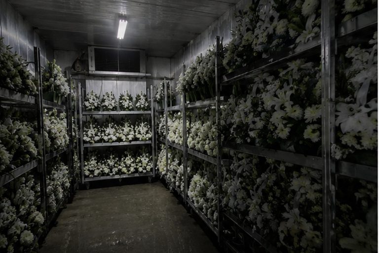 The Closed Funeral Home Flower Cooler Photo Showed A White Dress Between The Racks reconstructed scene image 1