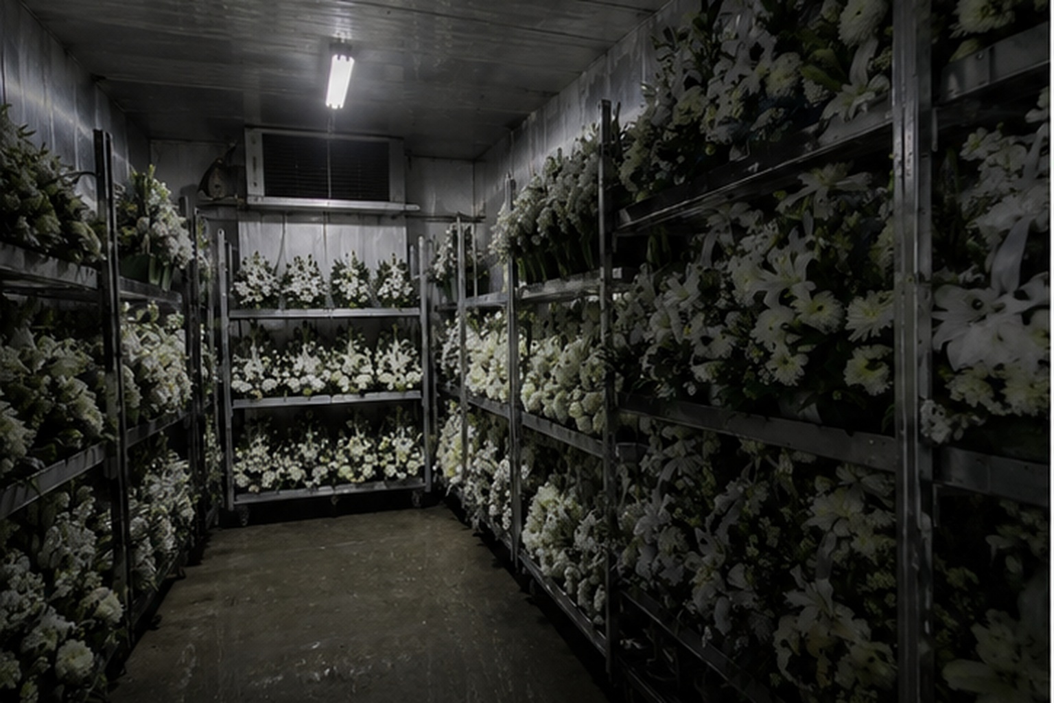 The Closed Funeral Home Flower Cooler Photo Showed A White Dress Between The Racks reconstructed scene image 1