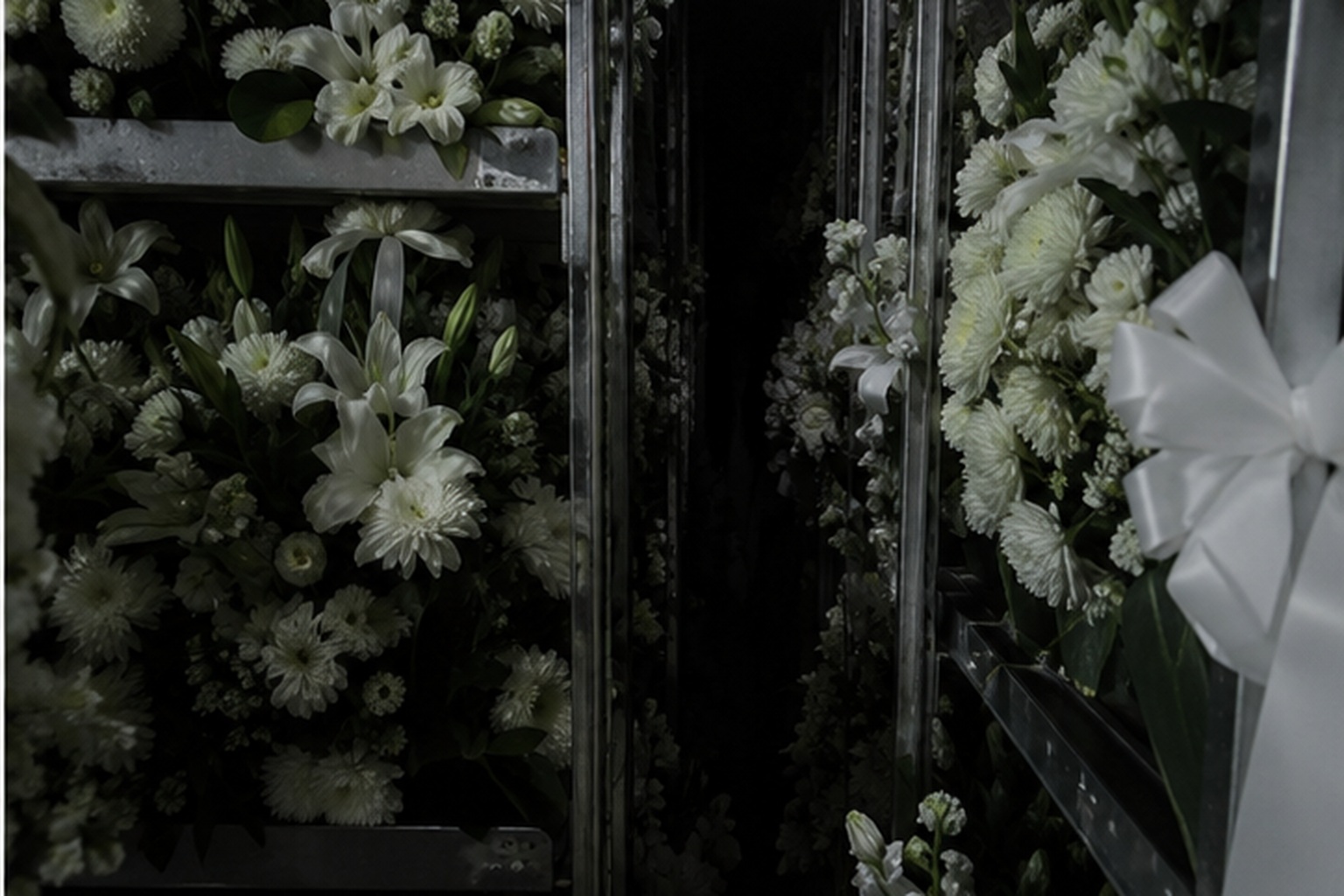 The Closed Funeral Home Flower Cooler Photo Showed A White Dress Between The Racks reconstructed scene image 2