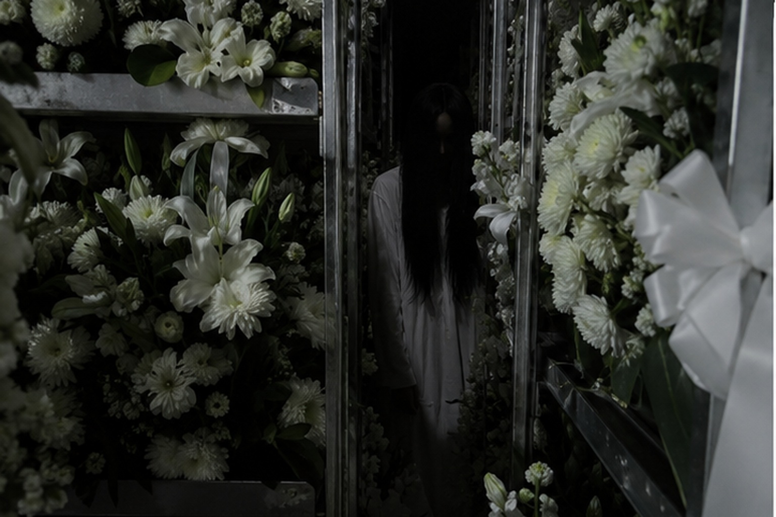 The Closed Funeral Home Flower Cooler Photo Showed A White Dress Between The Racks reconstructed scene image 3