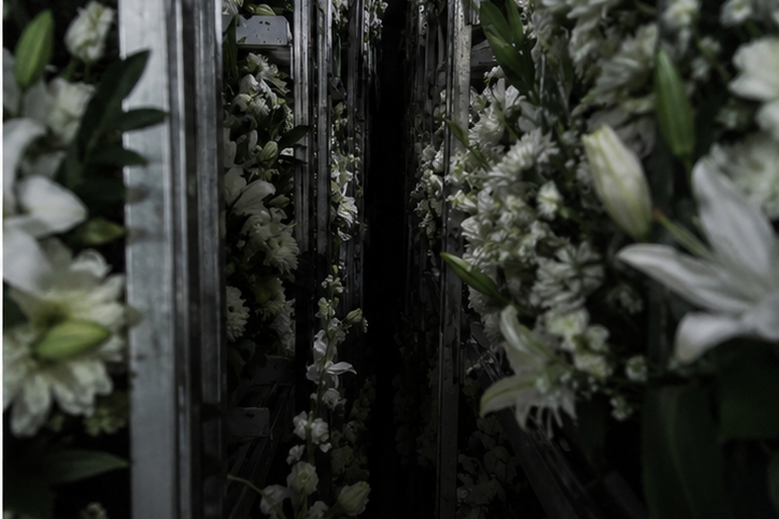 The Closed Funeral Home Flower Cooler Photo Showed A White Dress Between The Racks reconstructed scene image 4