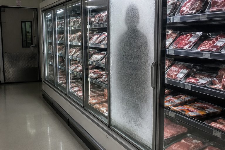 Editorial recreation of the Closed Grocery Store Freezer Aisle Camera Showed A Pale Woman Standing Behind The Frosted Meat Case story, image 1.