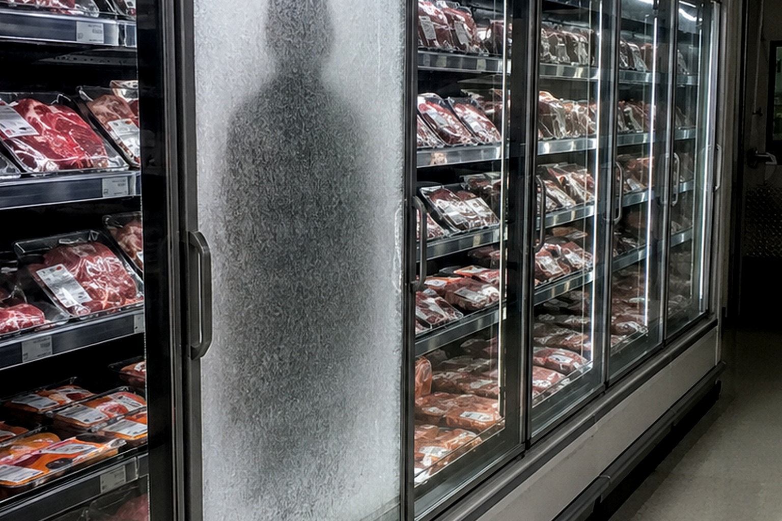 Editorial recreation of the Closed Grocery Store Freezer Aisle Camera Showed A Pale Woman Standing Behind The Frosted Meat Case story, image 2.