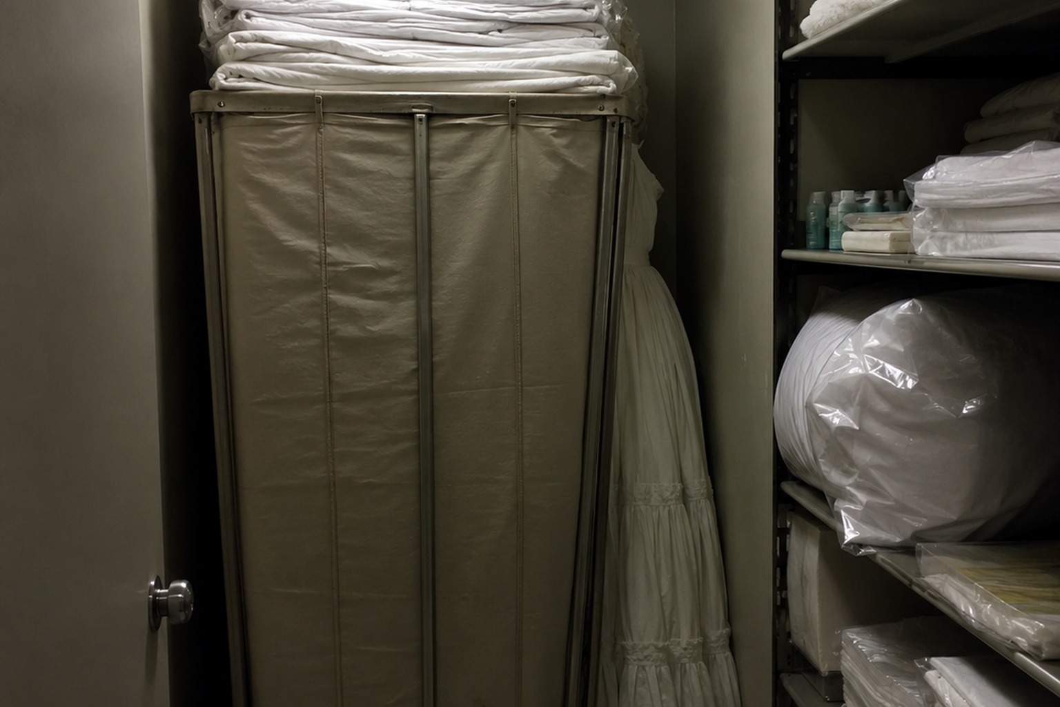 Editorial recreation of the Closed Motel Linen Closet Security Photo Showed A White Dress Behind The Sheet Cart story, image 1.