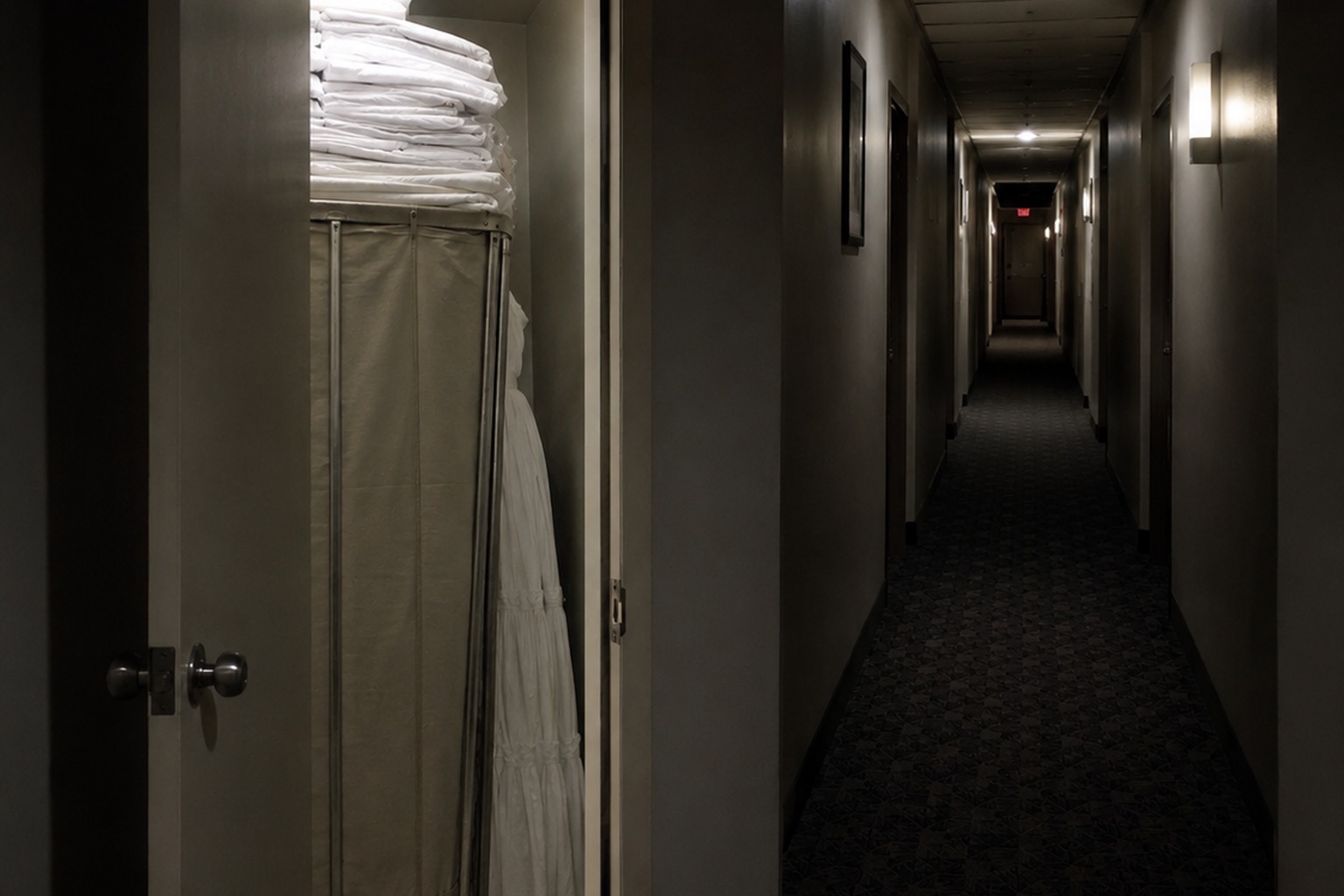 Editorial recreation of the Closed Motel Linen Closet Security Photo Showed A White Dress Behind The Sheet Cart story, image 2.