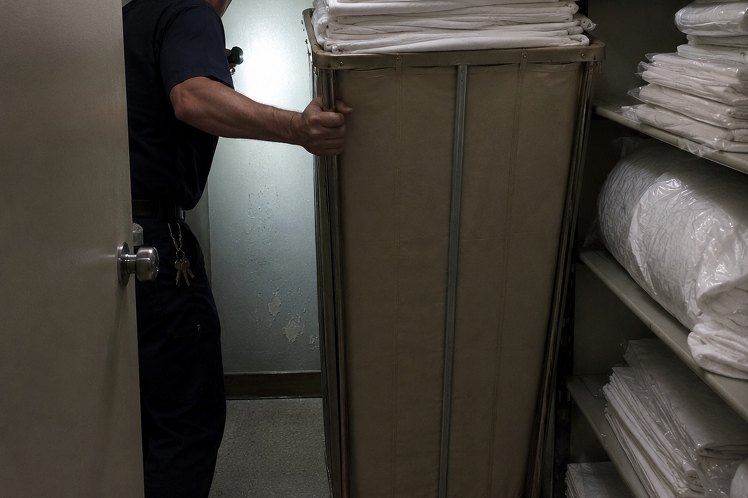 Editorial recreation of the Closed Motel Linen Closet Security Photo Showed A White Dress Behind The Sheet Cart story, image 4.