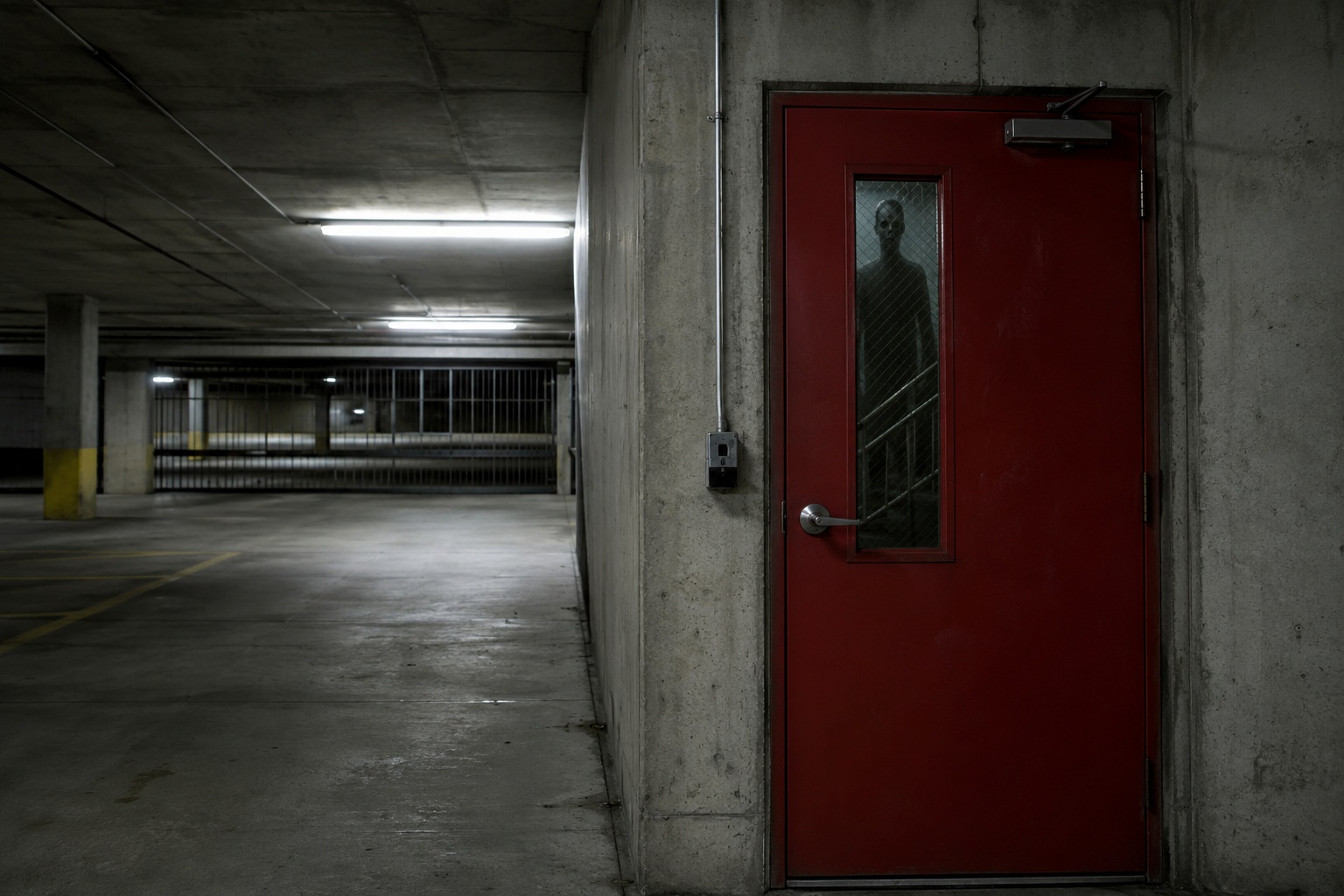 The Closed Parking Garage Camera Showed A Shadow Figure Waiting Behind The Fire Door