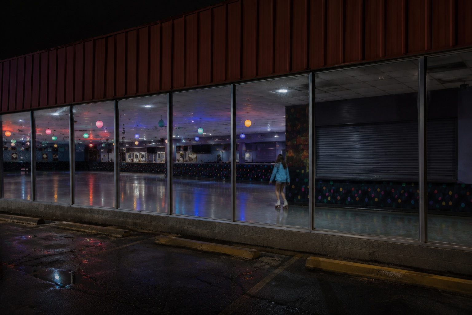 Editorial recreation of the Closed Roller Rink Camera Showed A Girl Skating Past The Dark Snack Bar story, image 2.