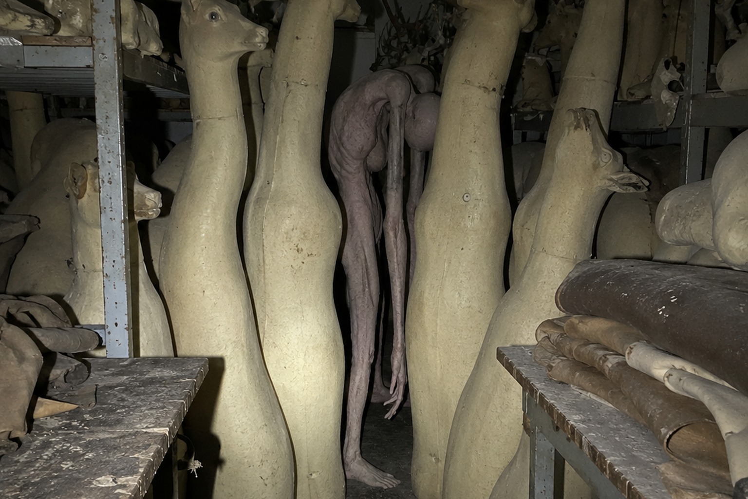 Editorial recreation of the Closed Taxidermy Shop Back Room Photo Showed A Hairless Crooked Thing Beside The Deer Forms story, image 1.