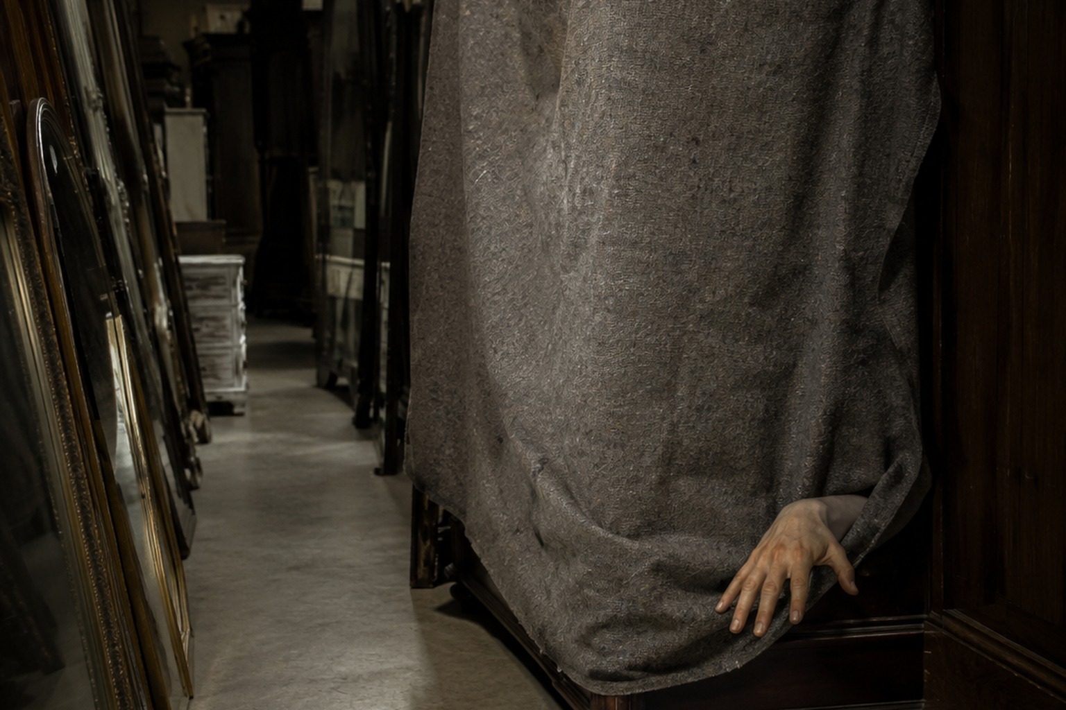The Closed Thrift Store Mirror Aisle Camera Showed A Hand Reaching From Behind A Covered Wardrobe reconstructed scene image 1