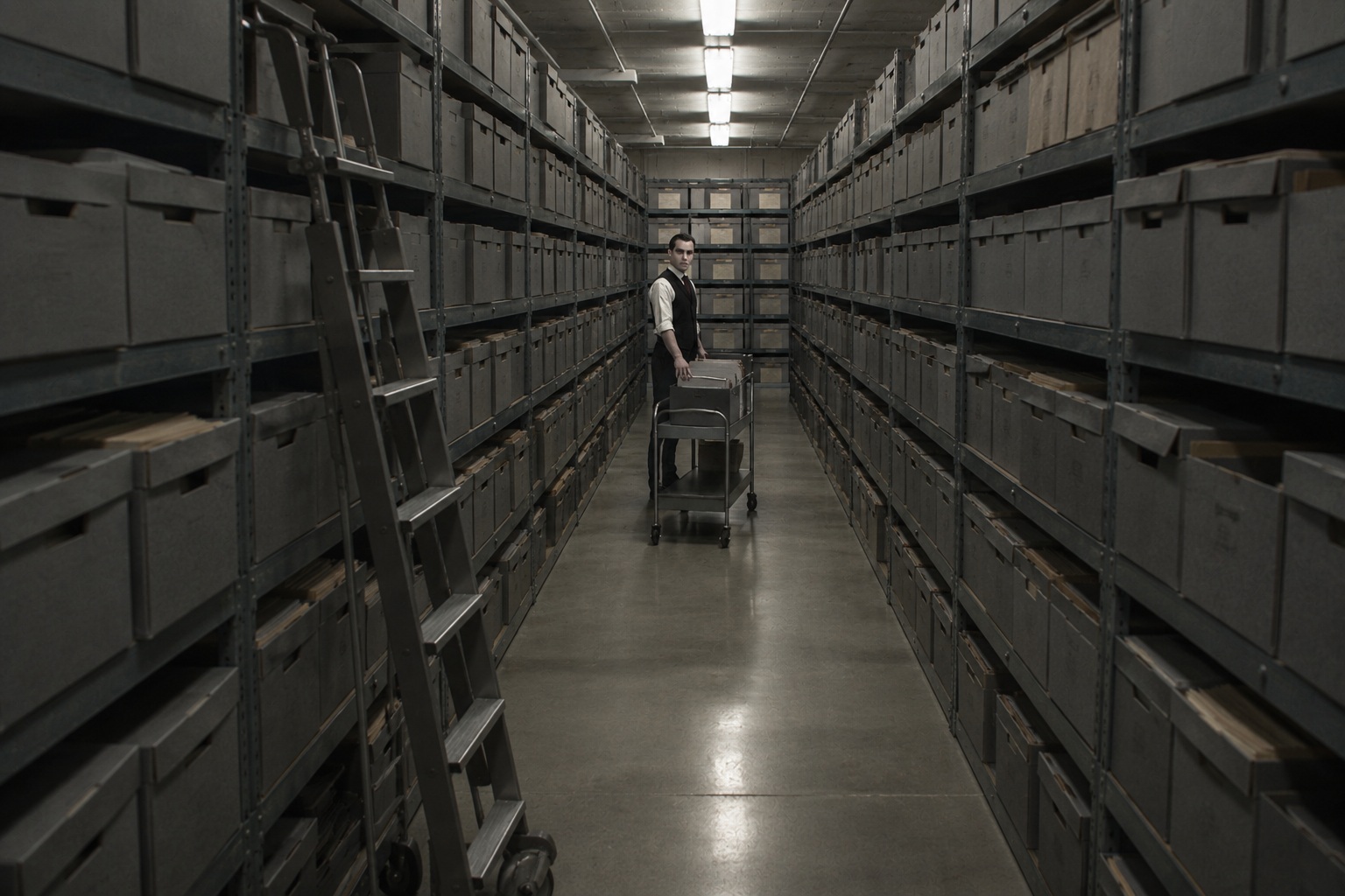 Editorial recreation of the County Courthouse Records Room Camera Showed A Pale Clerk Standing Between The Archive Shelves After Closing story, image 3.