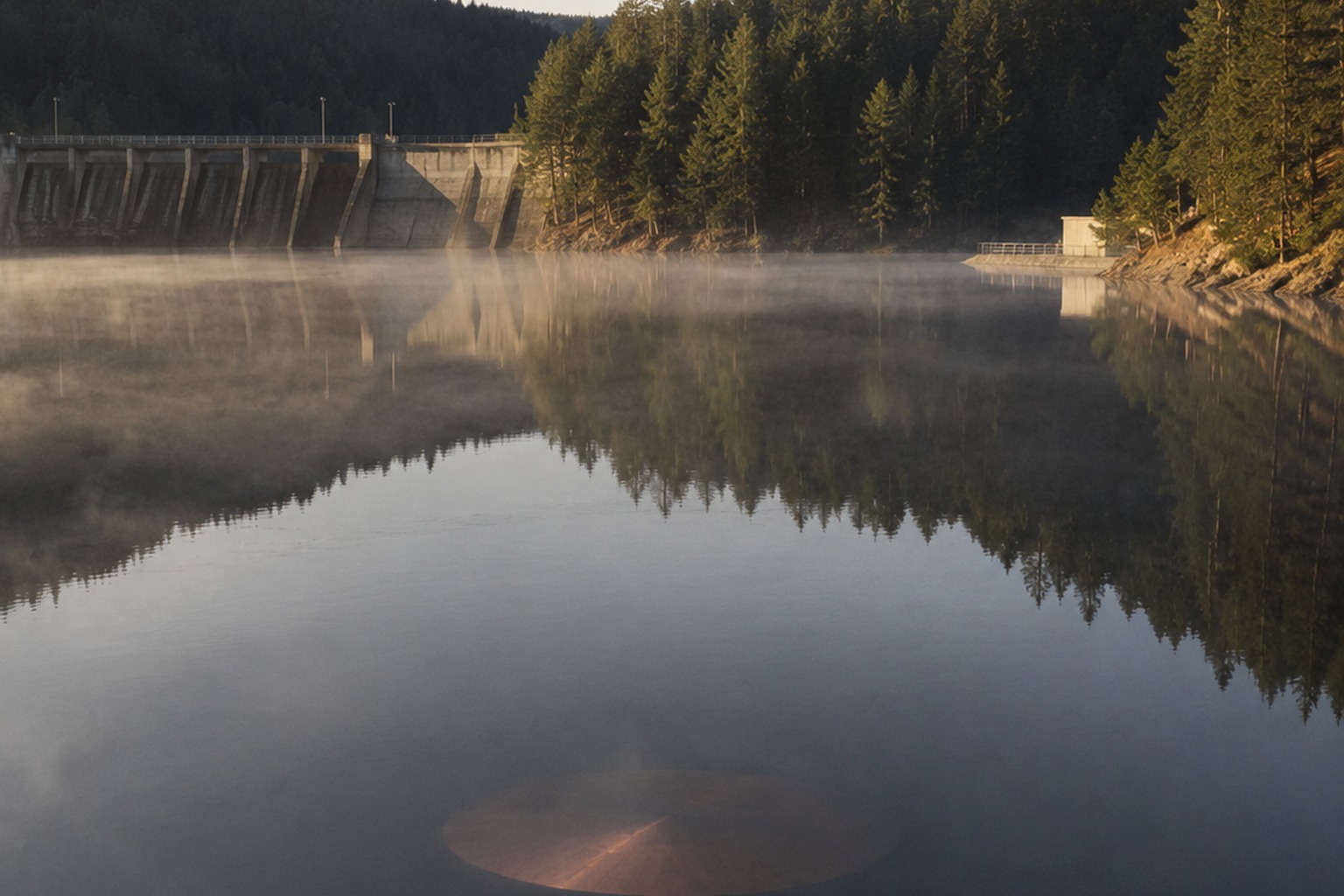 Editorial recreation of the County Reservoir Security Camera Caught A Silent Copper Saucer Above The Spillway Mist story, image 3.
