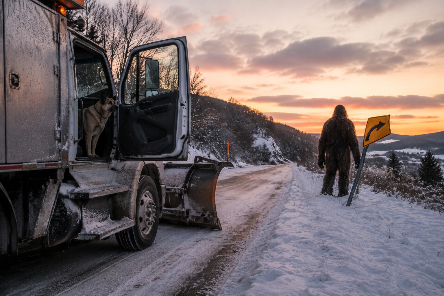 Editorial recreation of the County Snowplow Camera Caught Bigfoot Beside The Bent Road Sign At Dawn story, image 2.