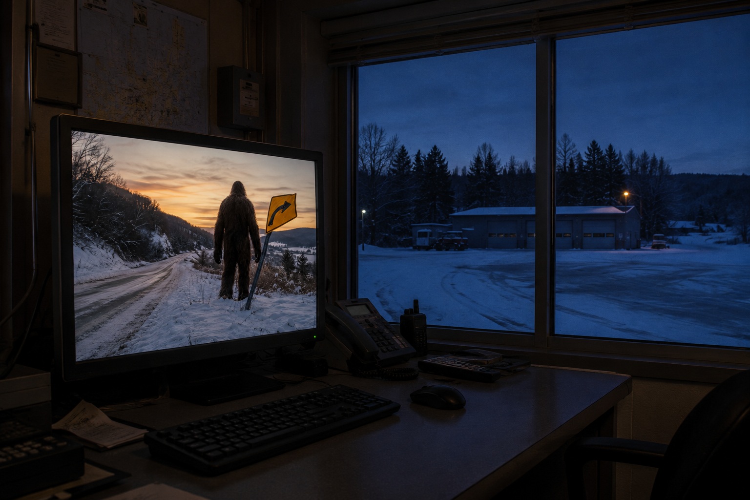 Editorial recreation of the County Snowplow Camera Caught Bigfoot Beside The Bent Road Sign At Dawn story, image 3.