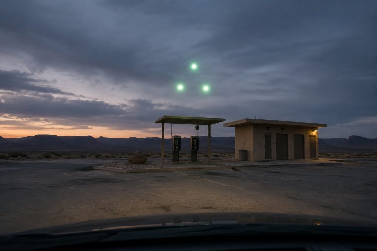 Editorial recreation of the Desert Rest Stop Dashcam Caught Three Green Lights Hovering Above The Payphones story, image 1.