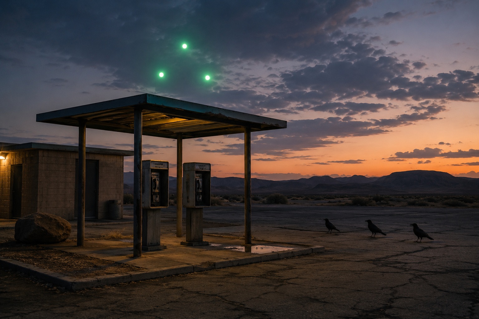 Editorial recreation of the Desert Rest Stop Dashcam Caught Three Green Lights Hovering Above The Payphones story, image 2.