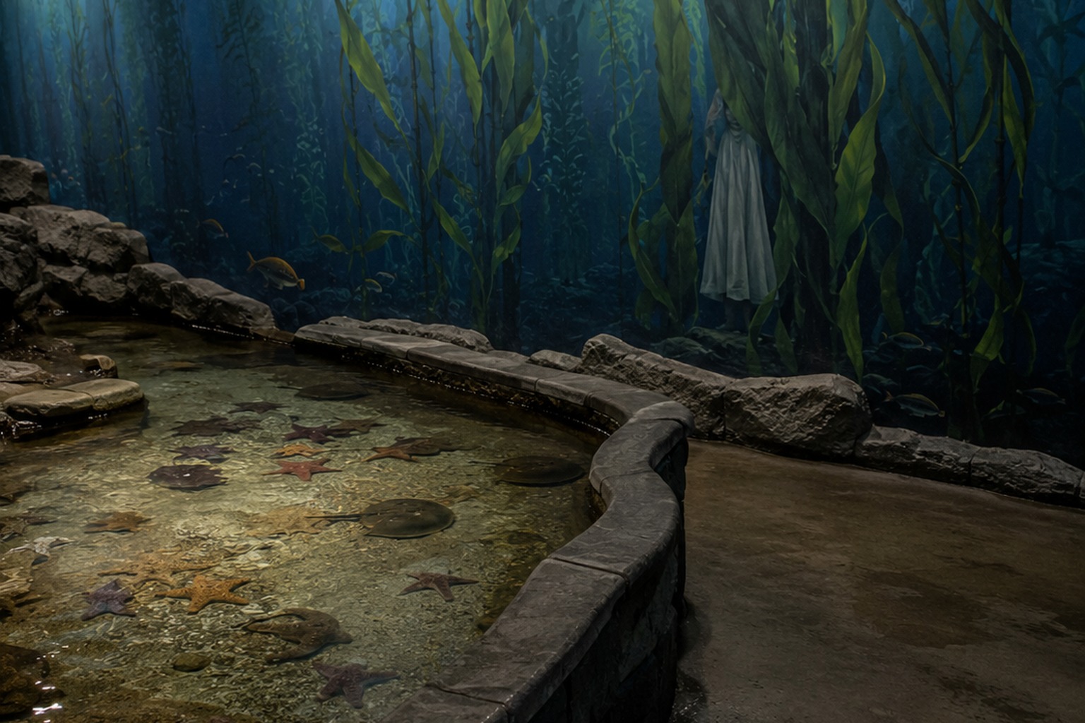 The Empty Aquarium Touch Tank Photo Showed A White Dress Behind The Kelp Mural reconstructed scene image 1