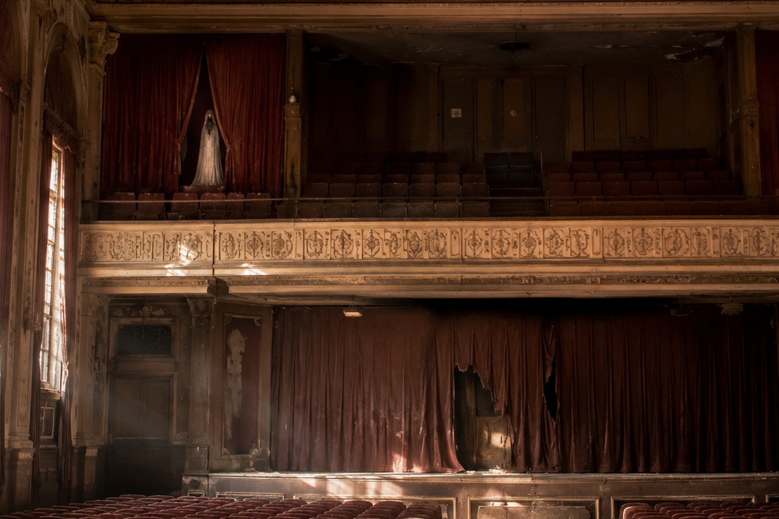 Editorial recreation of the Empty Community Theater Balcony Photo Showed A White Dress Behind The Torn Curtain story, image 1.
