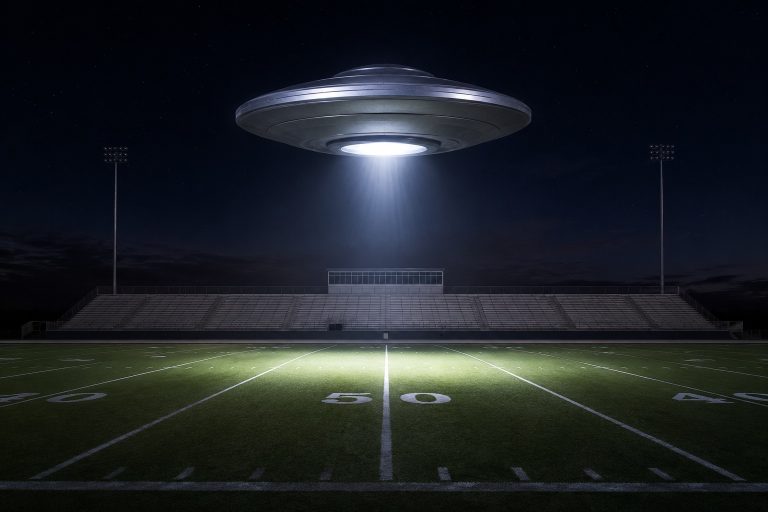 Editorial recreation of the empty football field silver disc story, image 1.