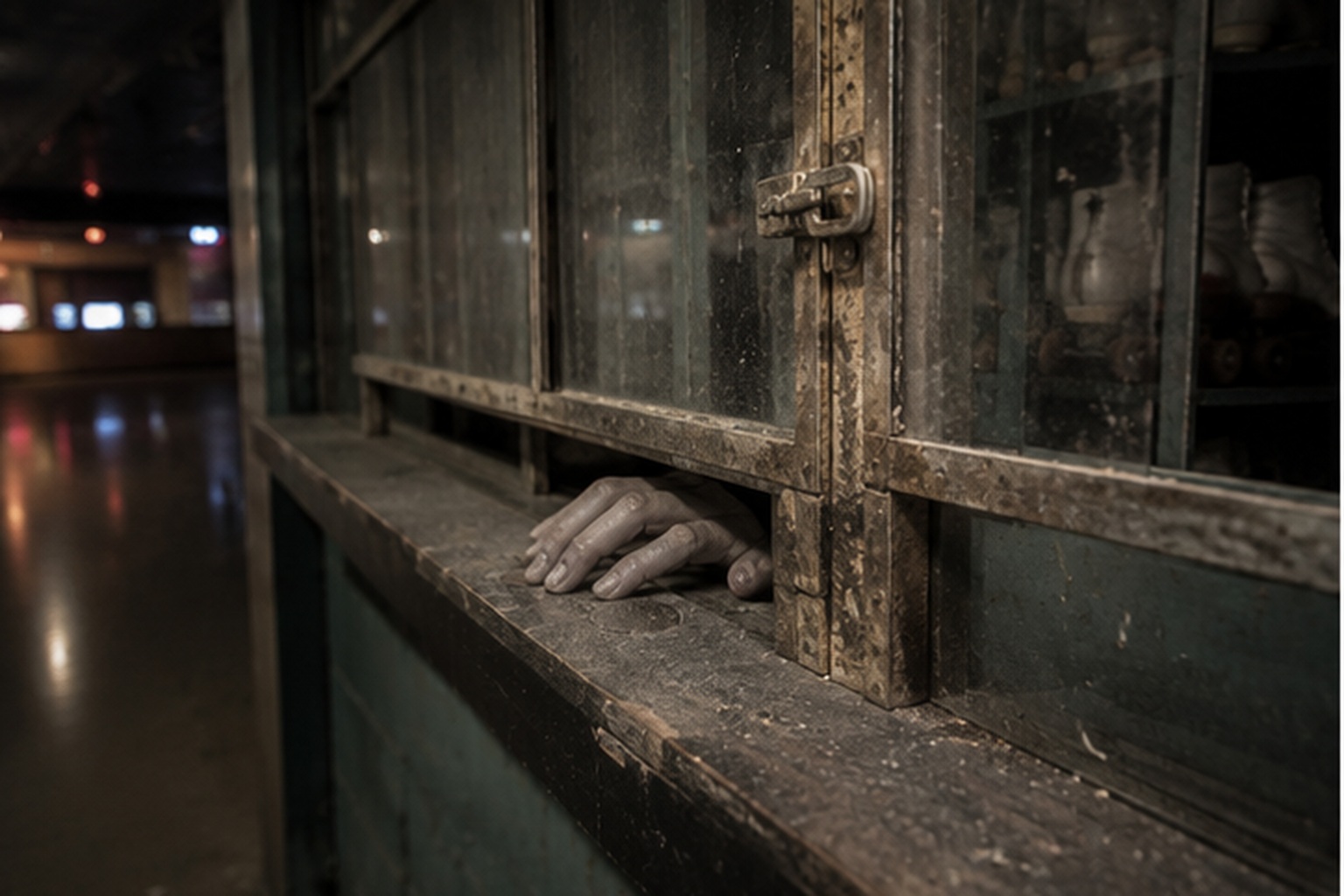 The Empty Roller Rink Skate Counter Photo Showed A Hand Inside The Locked Rental Window reconstructed scene image 3