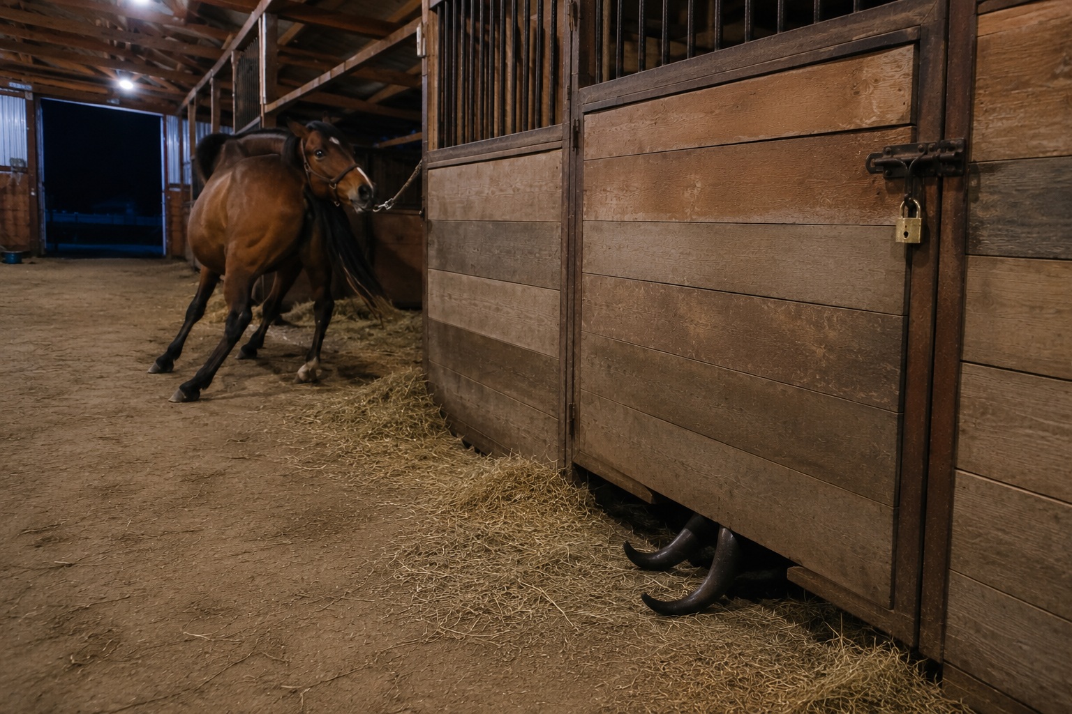 Editorial recreation of the Fairground Horse Barn Camera Saw Horns Under The Empty Stall Door story, image 2.