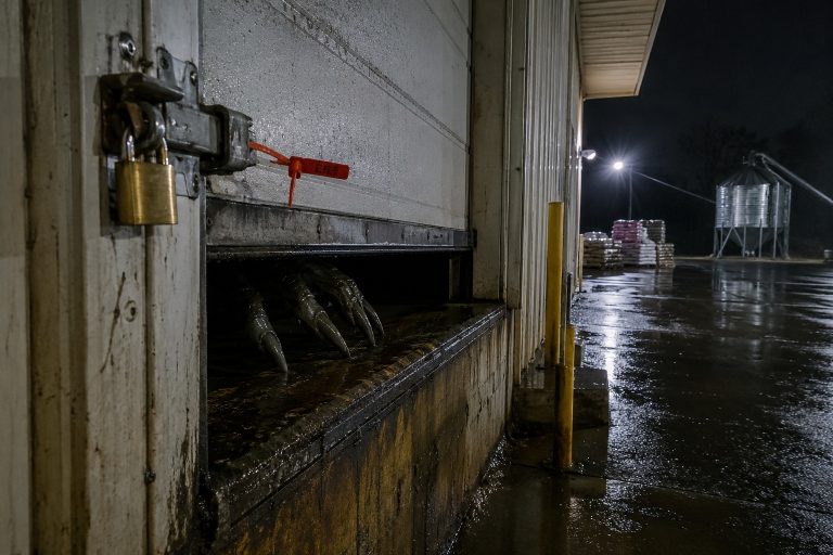 Editorial recreation of the Feed Store Camera Saw A Wet Clawed Shape Behind The Sealed Loading Door story, image 1.