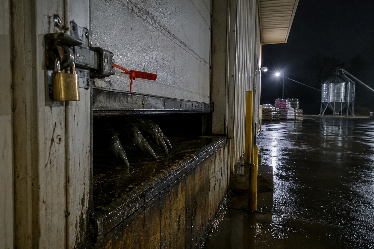 Editorial recreation of the Feed Store Camera Saw A Wet Clawed Shape Behind The Sealed Loading Door story, image 1.