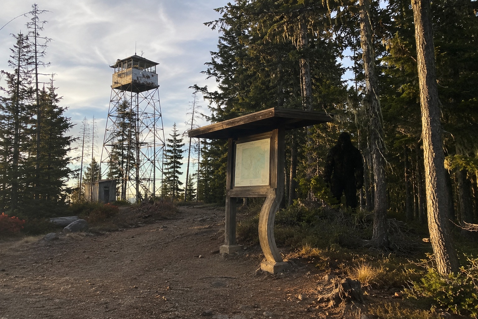 Editorial recreation of the Fire Tower Trail Camera Caught Bigfoot Beside The Bent Trail Map Kiosk story, image 1.