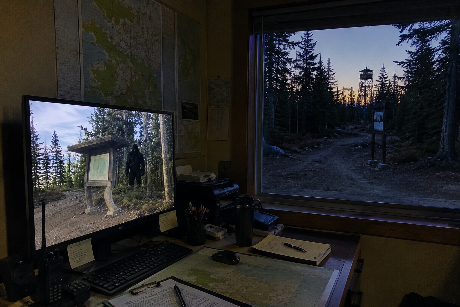 Editorial recreation of the Fire Tower Trail Camera Caught Bigfoot Beside The Bent Trail Map Kiosk story, image 2.