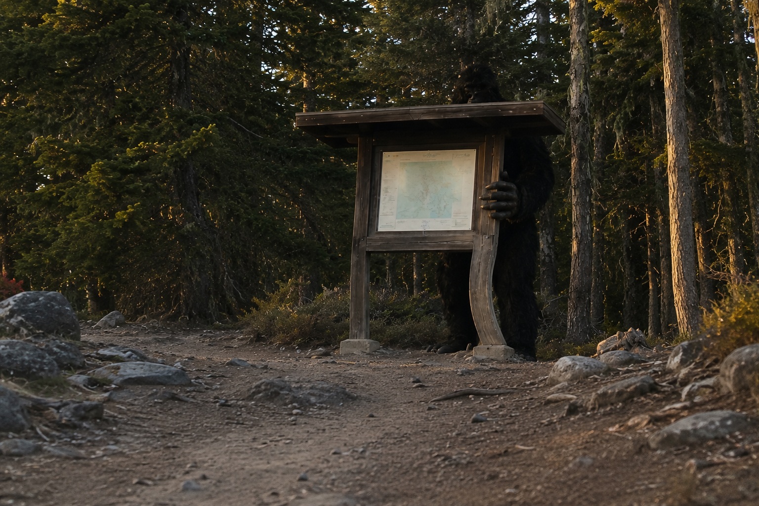 Editorial recreation of the Fire Tower Trail Camera Caught Bigfoot Beside The Bent Trail Map Kiosk story, image 3.