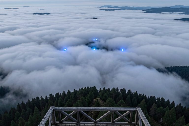 Editorial recreation of the Fire Tower Weather Camera Caught Five Blue Lights Crossing Below The Cloud Ceiling story, image 1.