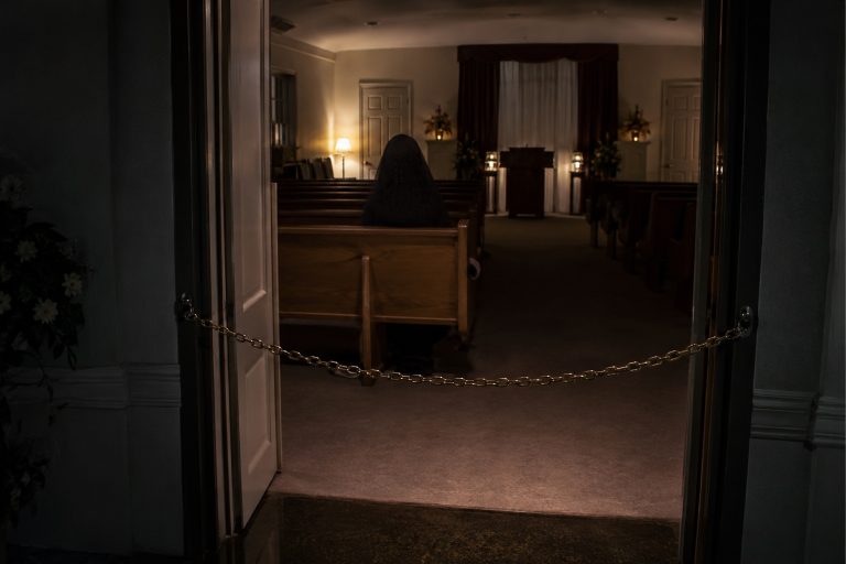 Story-style recreation for The Funeral Chapel Was Empty, But A Veiled Woman Was Sitting In The Front Row, image 1.