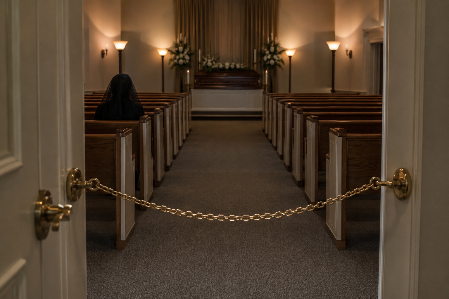 Story-style recreation for The Funeral Chapel Was Empty, But A Veiled Woman Was Sitting In The Front Row, image 2.