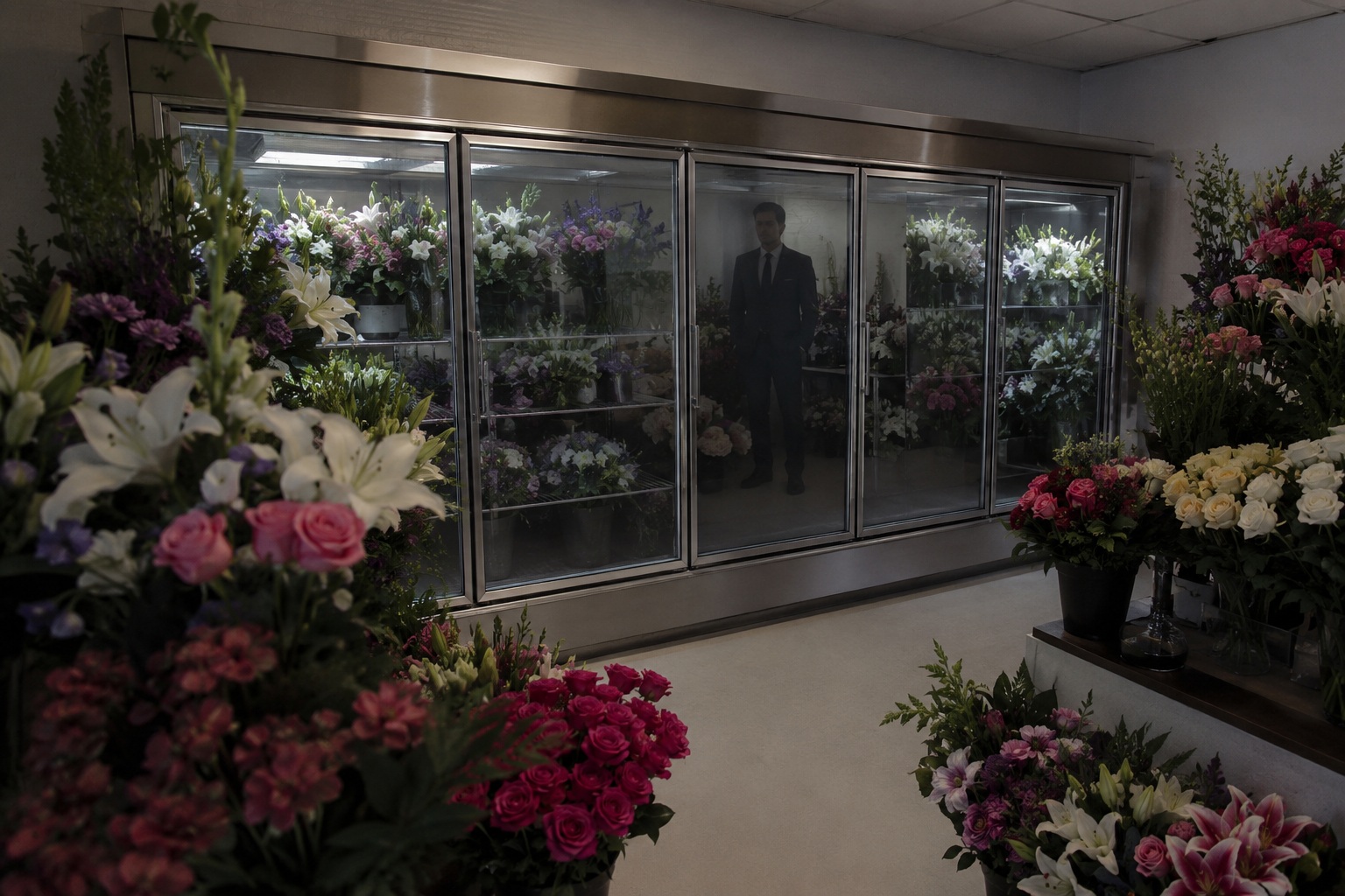 Editorial recreation of the Funeral Home Flower Room Camera Showed A Man In A Dark Suit Behind The Refrigerated Case story, image 1.