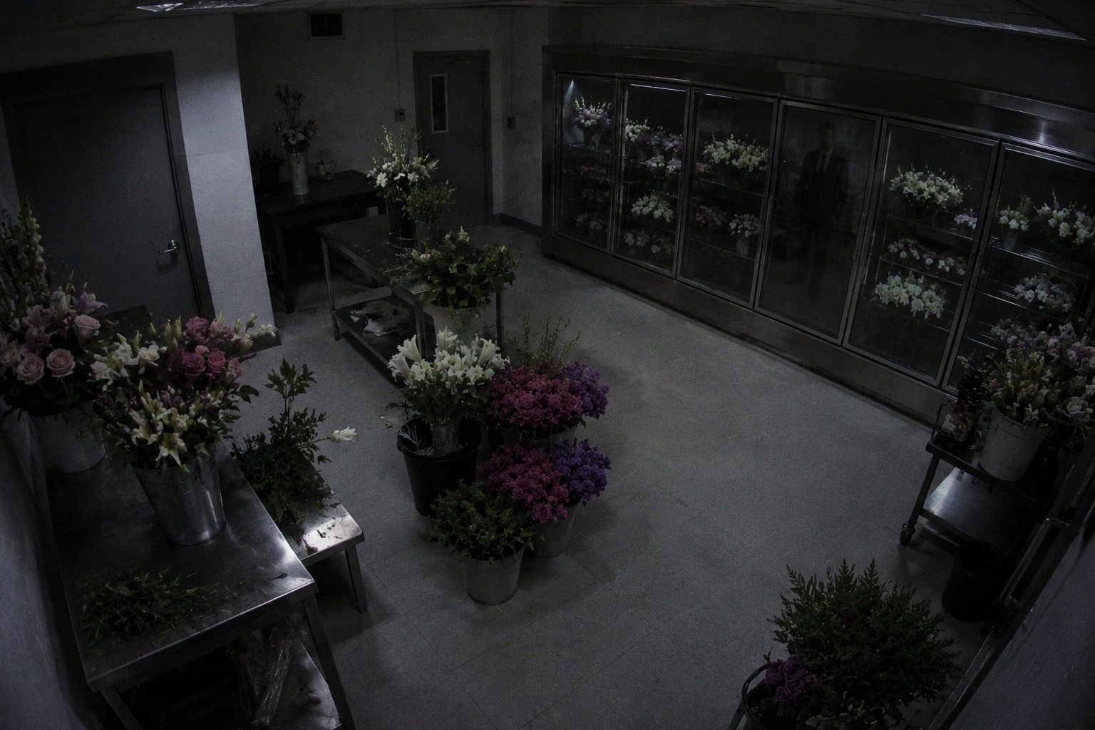 Editorial recreation of the Funeral Home Flower Room Camera Showed A Man In A Dark Suit Behind The Refrigerated Case story, image 3.