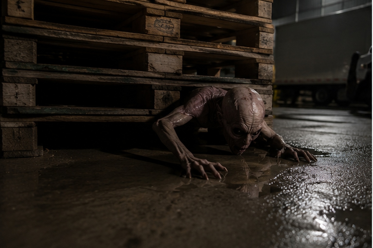 The Grocery Loading Bay Camera Saw A Hairless Thing Crawl Out From Under The Pallets reconstructed scene image 3