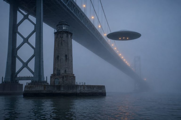 Editorial recreation of the Harbor Bridge Traffic Camera Caught Three Amber Lights Dropping Behind The Foghorn Tower story, image 1.