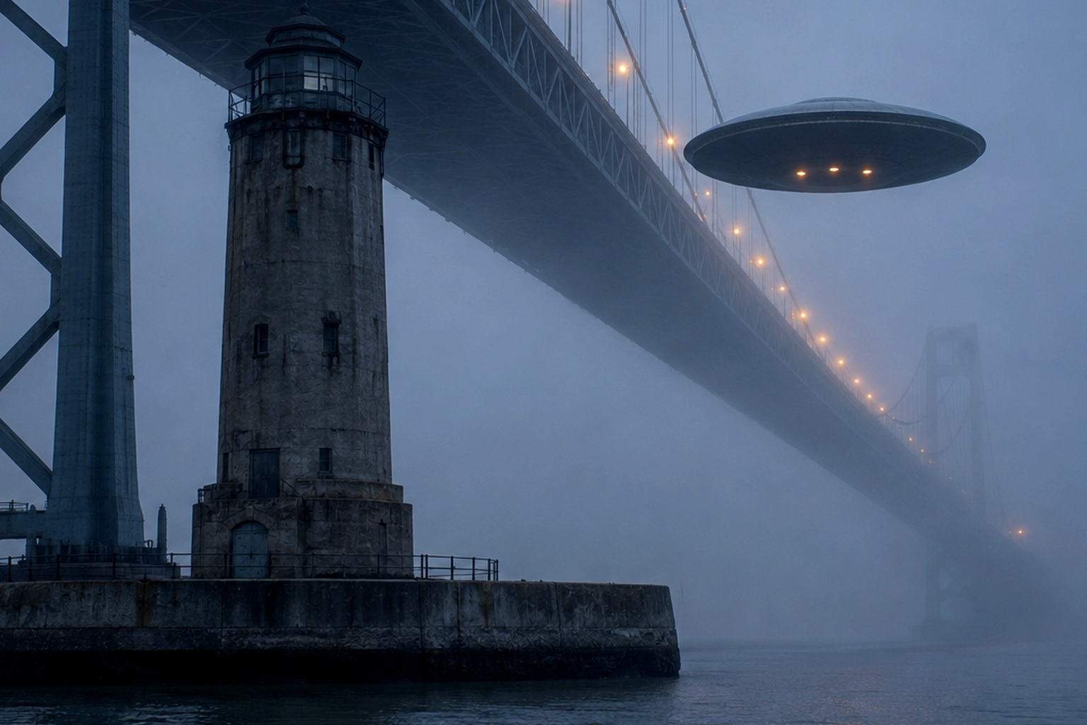 Editorial recreation of the Harbor Bridge Traffic Camera Caught Three Amber Lights Dropping Behind The Foghorn Tower story, image 3.