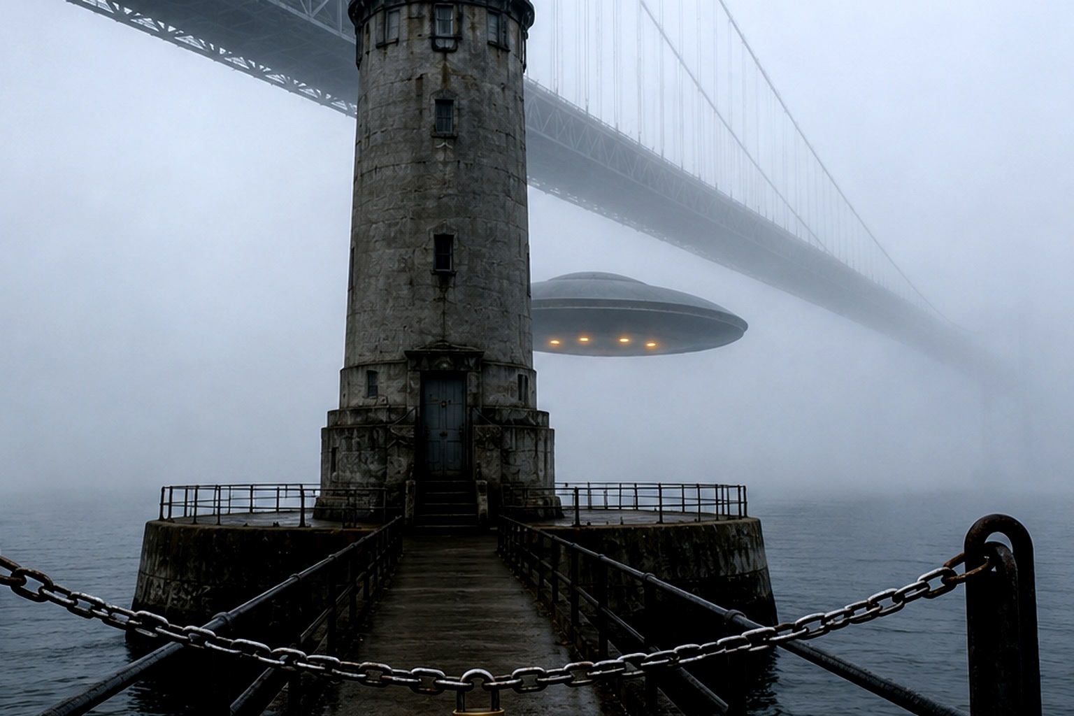 Editorial recreation of the Harbor Bridge Traffic Camera Caught Three Amber Lights Dropping Behind The Foghorn Tower story, image 4.