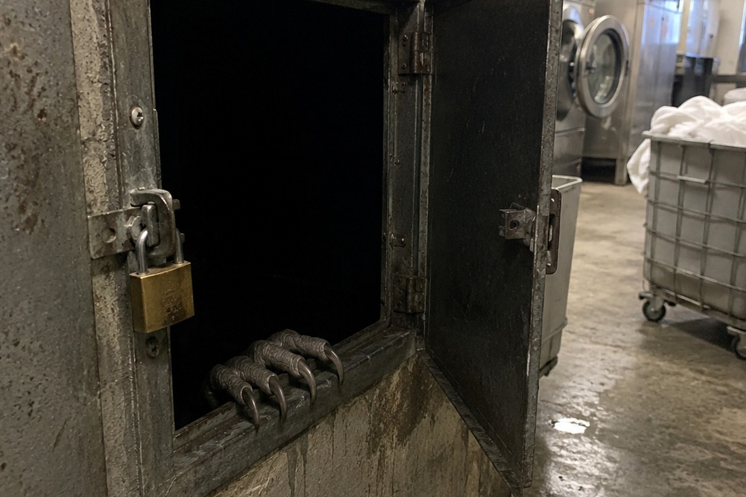 Editorial recreation of the Hotel Laundry Chute Camera Saw Claws Pressing Through The Dark Opening story, image 1.