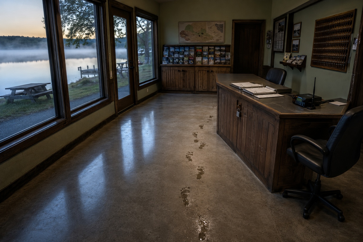 The Lakeside Camp Office Camera Showed Wet Footprints Starting At The Locked Desk