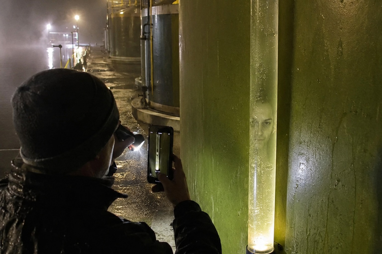 Editorial recreation of the Lakeside Fish Hatchery Night Photo Showed A Face Behind The Algae Tank Gauge story, image 1.