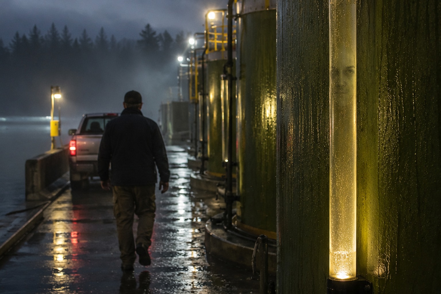 Editorial recreation of the Lakeside Fish Hatchery Night Photo Showed A Face Behind The Algae Tank Gauge story, image 4.