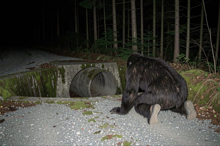 Editorial recreation of the Logging Road Trail Camera Showed A Hairy Figure Kneeling Beside The Culvert story, image 1.
