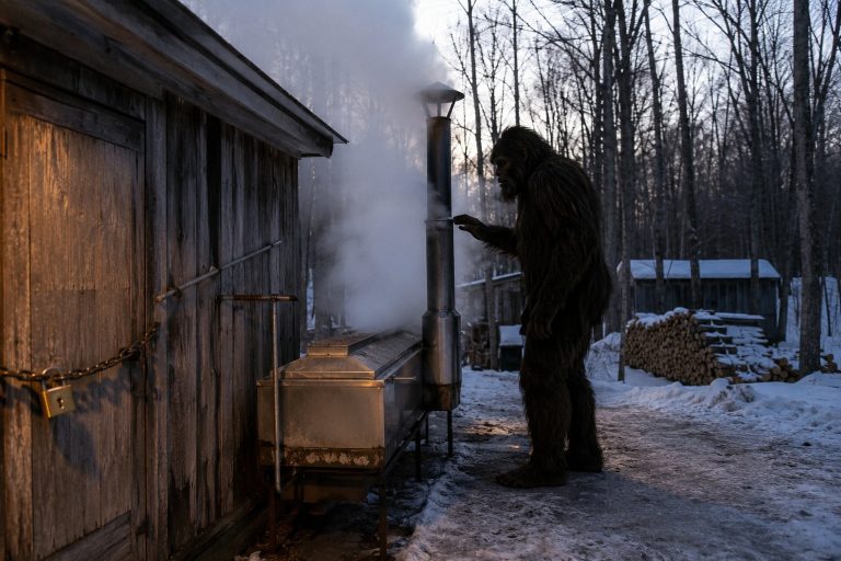 Editorial recreation of the Maple Sugar Shack Camera Caught Bigfoot Beside The Steam Vent At Dawn story, image 1.