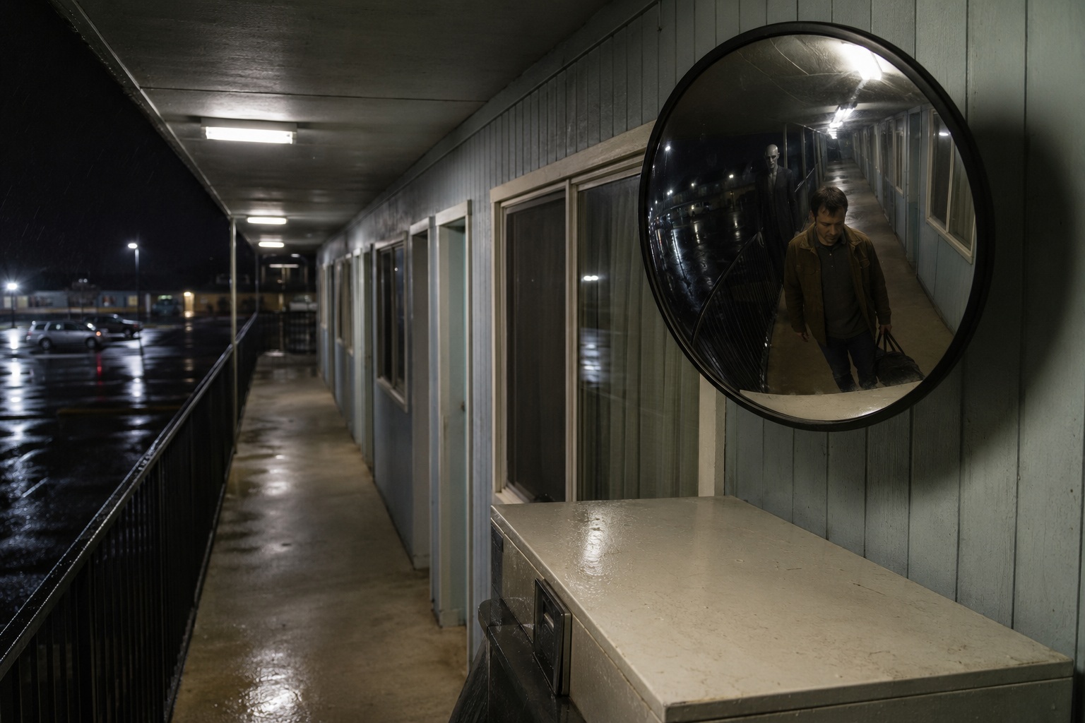 The Motel Hallway Mirror Showed A Pale Figure Standing Behind The Guest