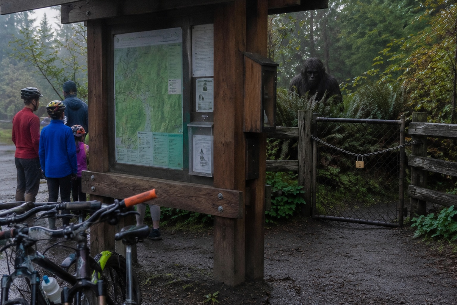 Editorial recreation of the Mountain Bike Trail Camera Showed A Hairy Figure Behind The Trail Map Kiosk story, image 1.